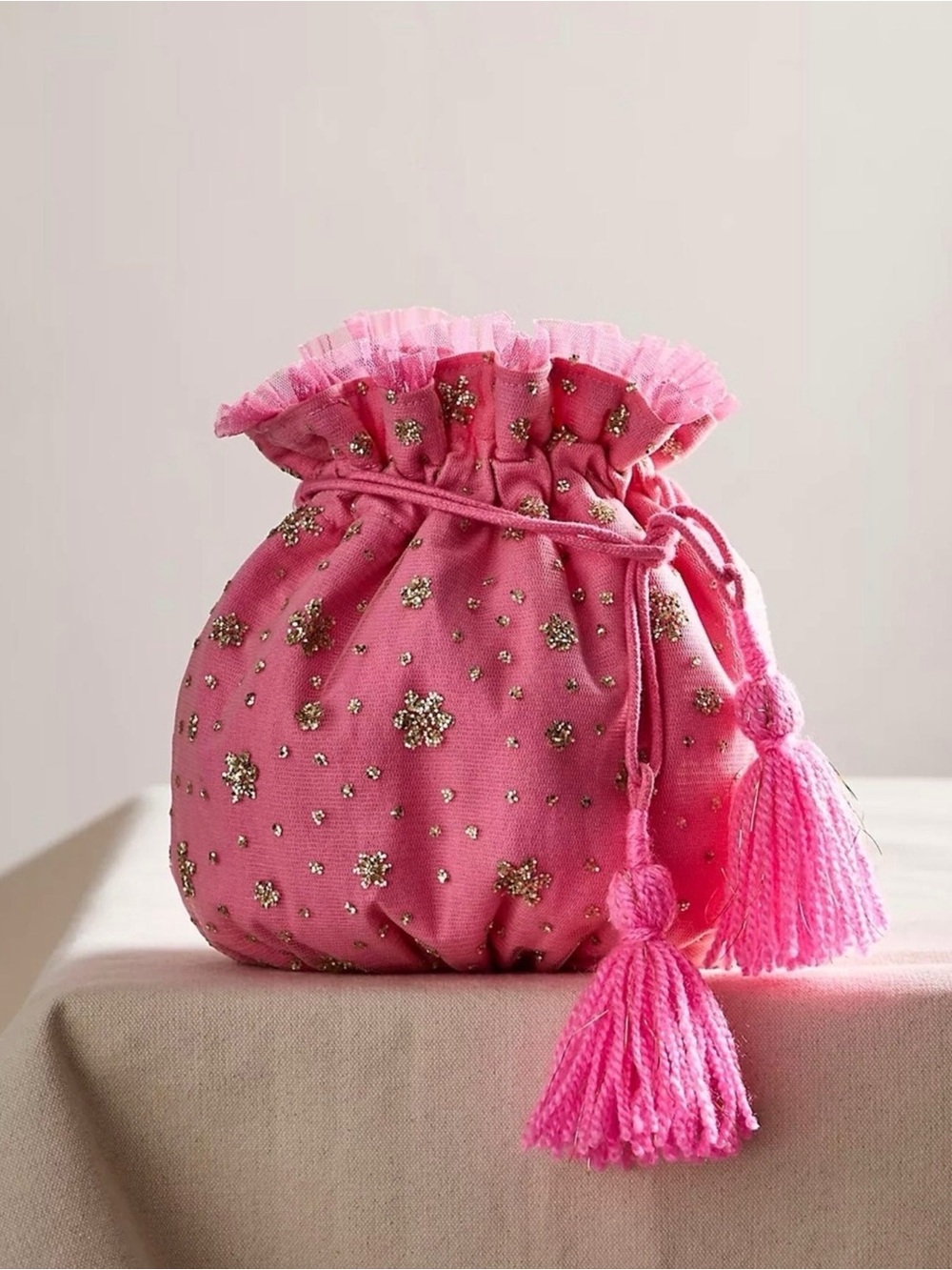 Free People Pink Ruffled Tassel Drawstring Pouch